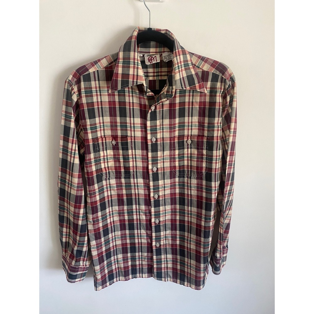 Vintage Mens Plaid Button Down Shirt Burgundy Navy Cream‎ Long Sleeve Size M